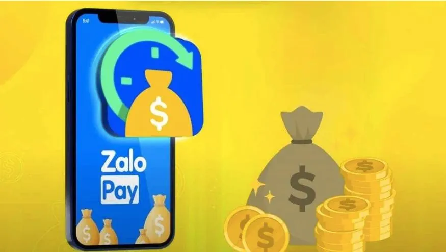 Smartphone con app ZaloPay e sacchi di monete, illustrazione