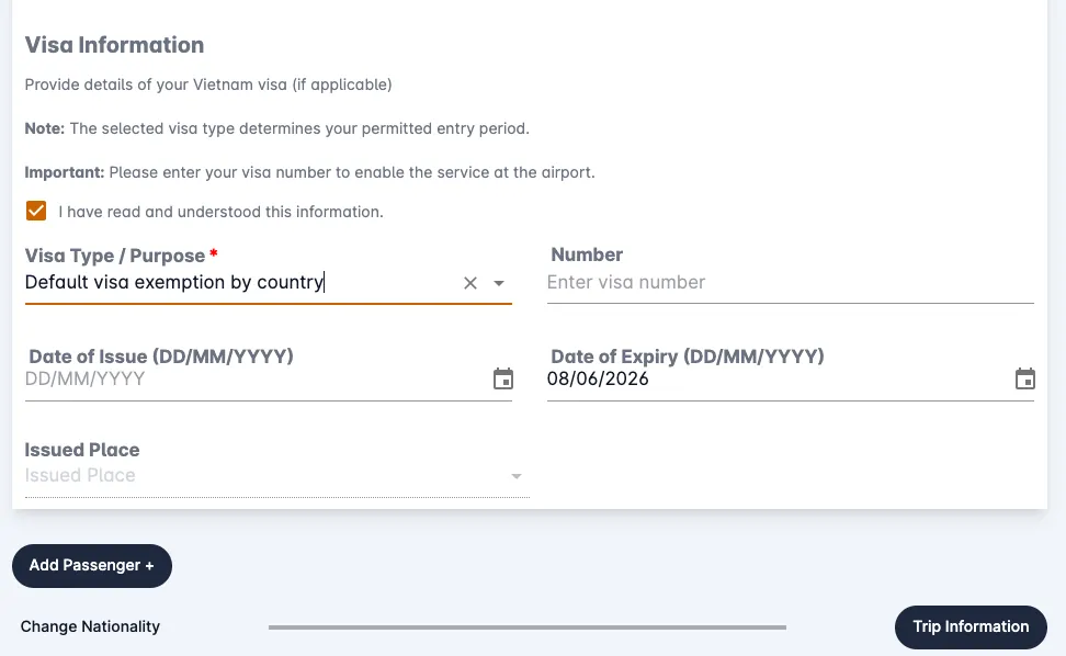 Campo visto della Arrival Card Vietnam: visa exemption by country