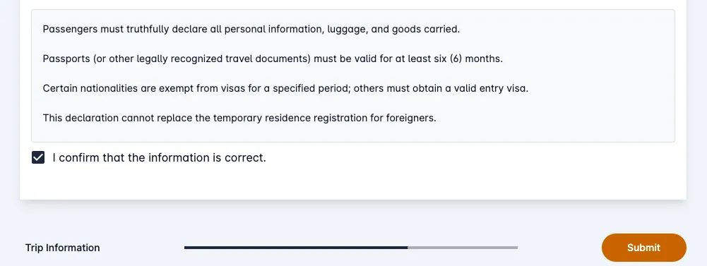 Pagina di conferma dei dati della Arrival Card Vietnam