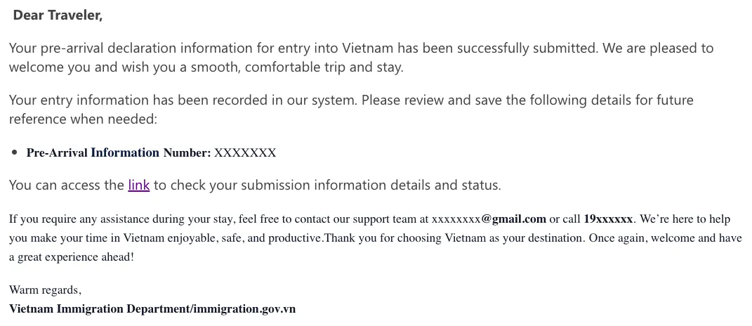 Email di conferma della Pre-Arrival Card Vietnam