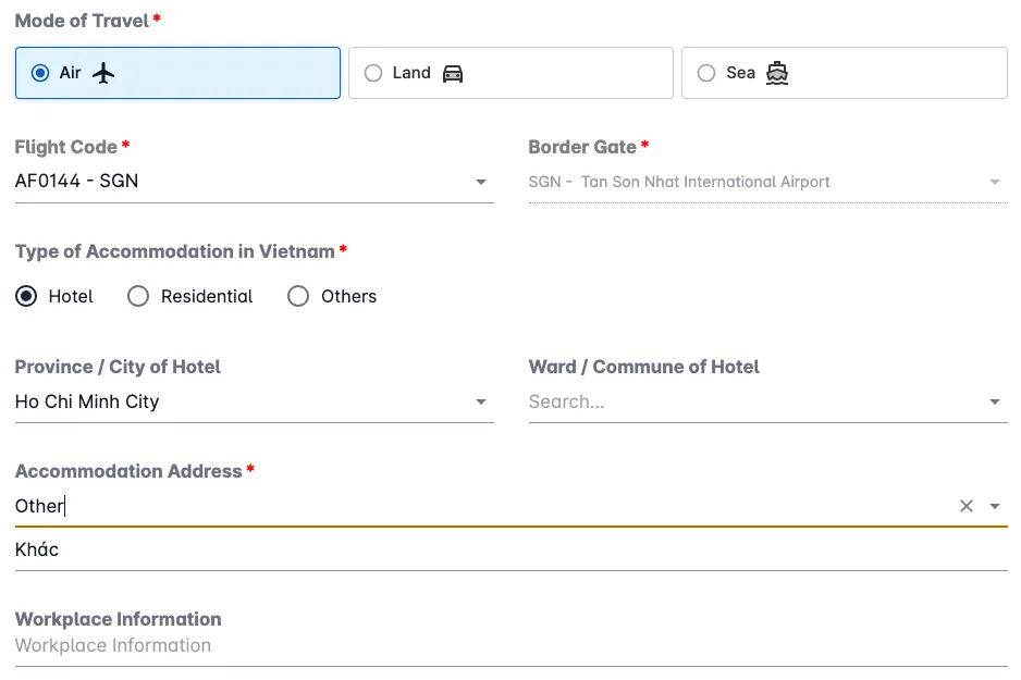 Pagina informazioni sul volo di arrivo e sulla sistemazione della Pre-Arrival Card