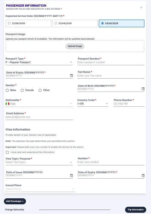 Pagina iniziale del portale della Pre-Arrival Card Vietnam