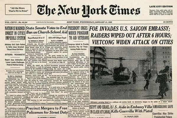 Prima pagina del New York Times sull'offensiva del Tet del 1968