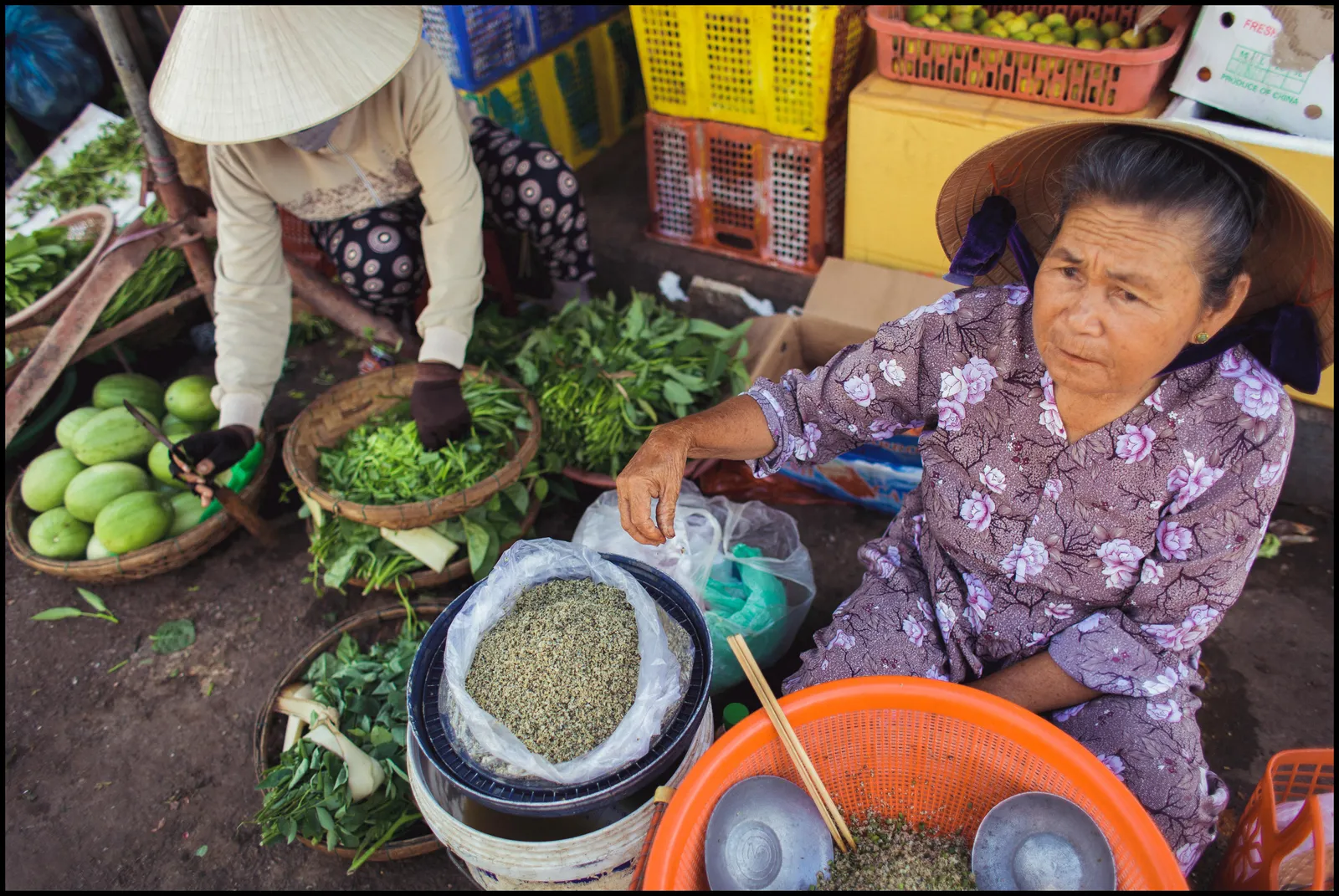Mercato centrale di Hoi An Venditrici con cappello conico al mercato centrale di Hoi An tra bancarelle di verdure, per esercitarsi con le frasi vietnamite utili al mercato