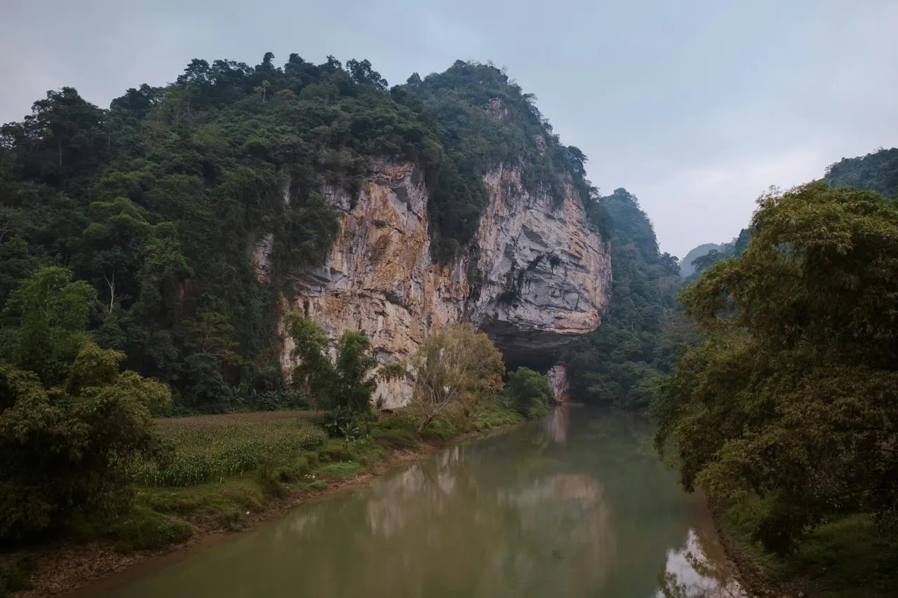 Fiume carsico e grotta Fiume carsico all'ingresso di una grotta nel Vietnam