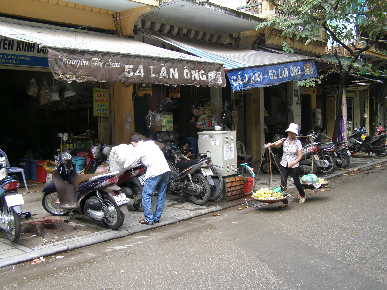 Venditrice ambulante ad Hanoi Venditrice ambulante di frutta con gerla a spalla ad Hanoi, protagonista di una nota trappola per turisti
