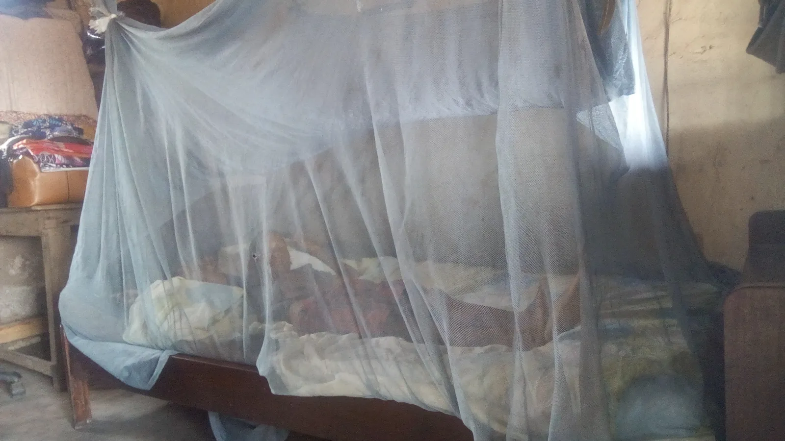 Bambino che dorme protetto da una zanzariera in una zona tropicale